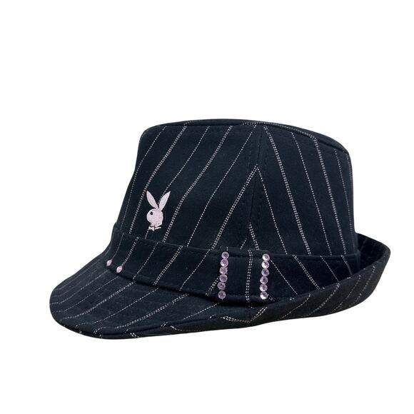 Vintage Y2K Playboy Bunny Fedora Hat Pinstripes Rhinestone S/M Black Pink - Picture 1 of 6